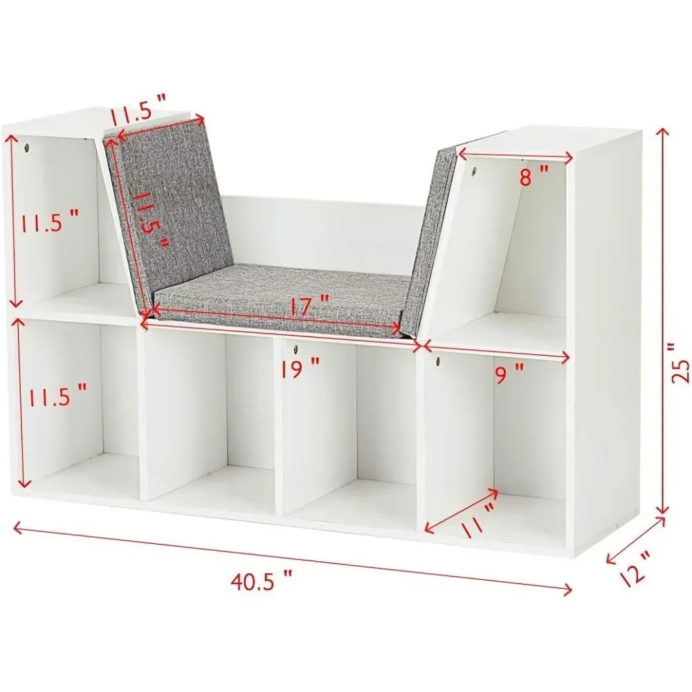 Bibliothèque pour enfants 6-Cubby avec coin de lecture baume, étagère d'armoire de rangement polyvalente, coussin souple et optique