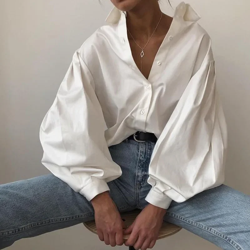 New Fashion Sexy Button White Blouse Women Lantern Sleeve Clothes Elegant Loose Women Shirt Cotton Office Ladies Tops 10903