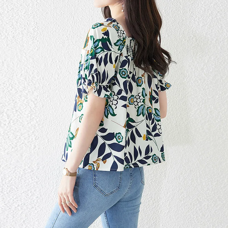 Summer Korean Fashion Quare Collar Floral Print Puff Sleeve Short Sleeve Chiffon Shirt Elegant Loose Casual Blouse Blusa Women