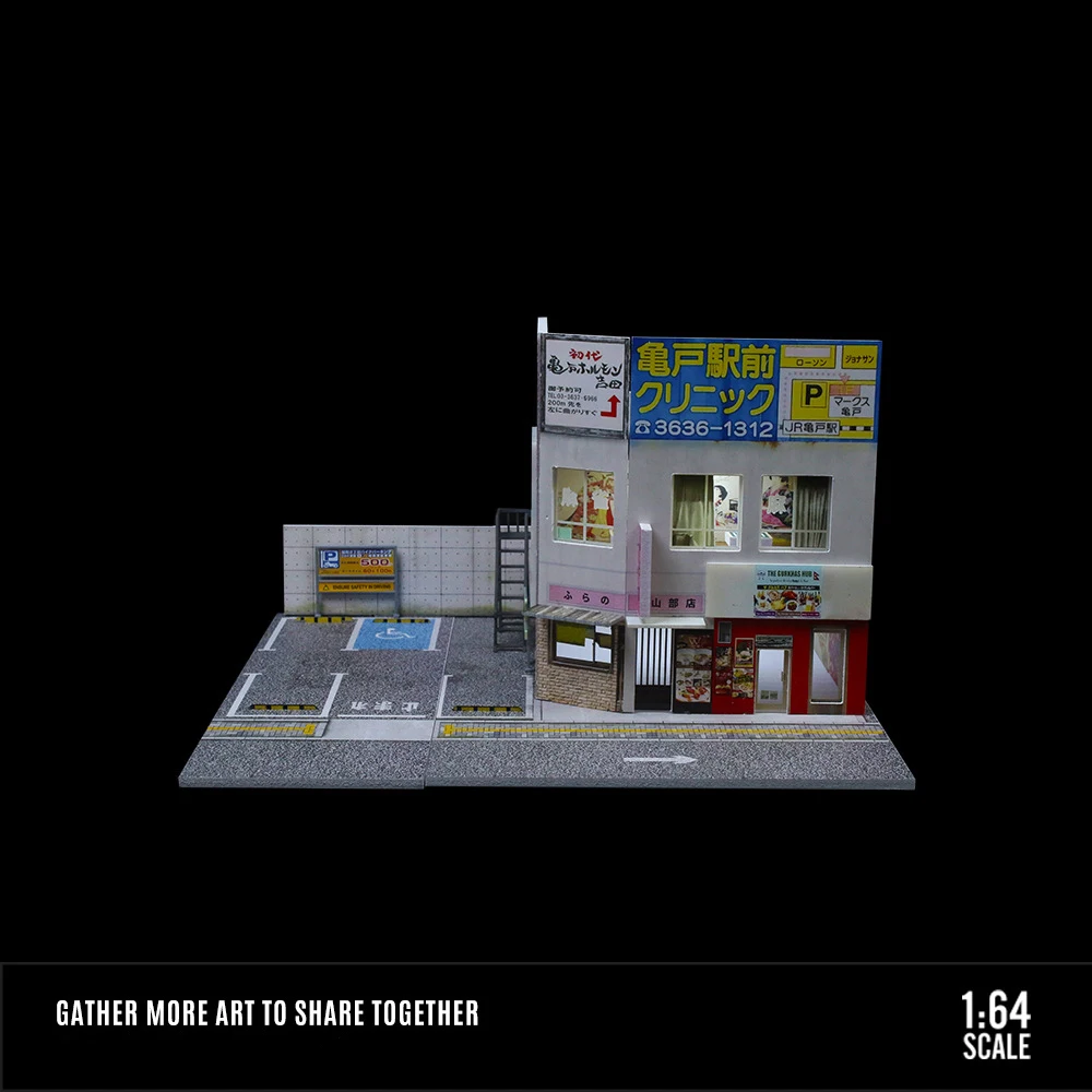 Diorama Bangunan Komersial Jepang 1:64, Model Adegan Pencahayaan, Model Garasi Mobil, Tempat Parkir Mobil untuk Pajangan & Koleksi & Hadiah