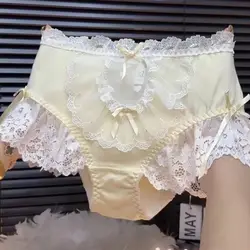 Plus-size Princess Lolita Lace Bow Pants Hollowed Briefs High-waist Shorts Cotton Crotch Panties Comfort Breathable Underwear