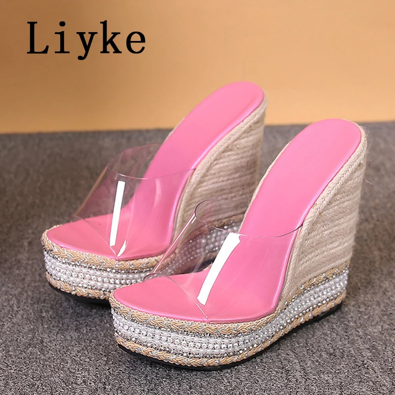 Liyke Summer Wedges Slippers For Women Fashion Open Toe Platform High Heels Slides Shoes PVC Transparent Sandals Zapatos Mujer