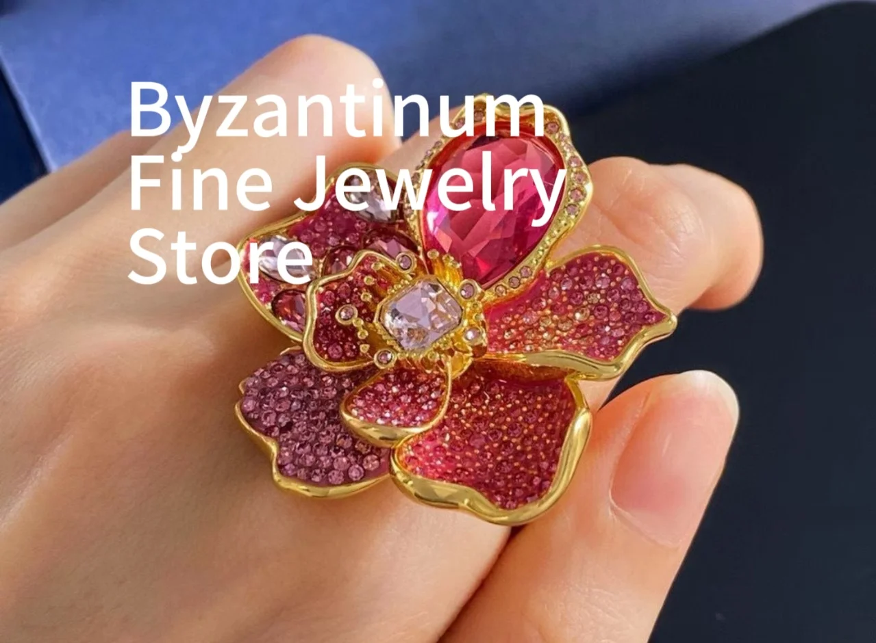 

Original Pink Crystal 18K Gold Filled Flower Jewelry Set Full Tourmaline Floral Chunky Ring & Chain Necklace Designer Accessory