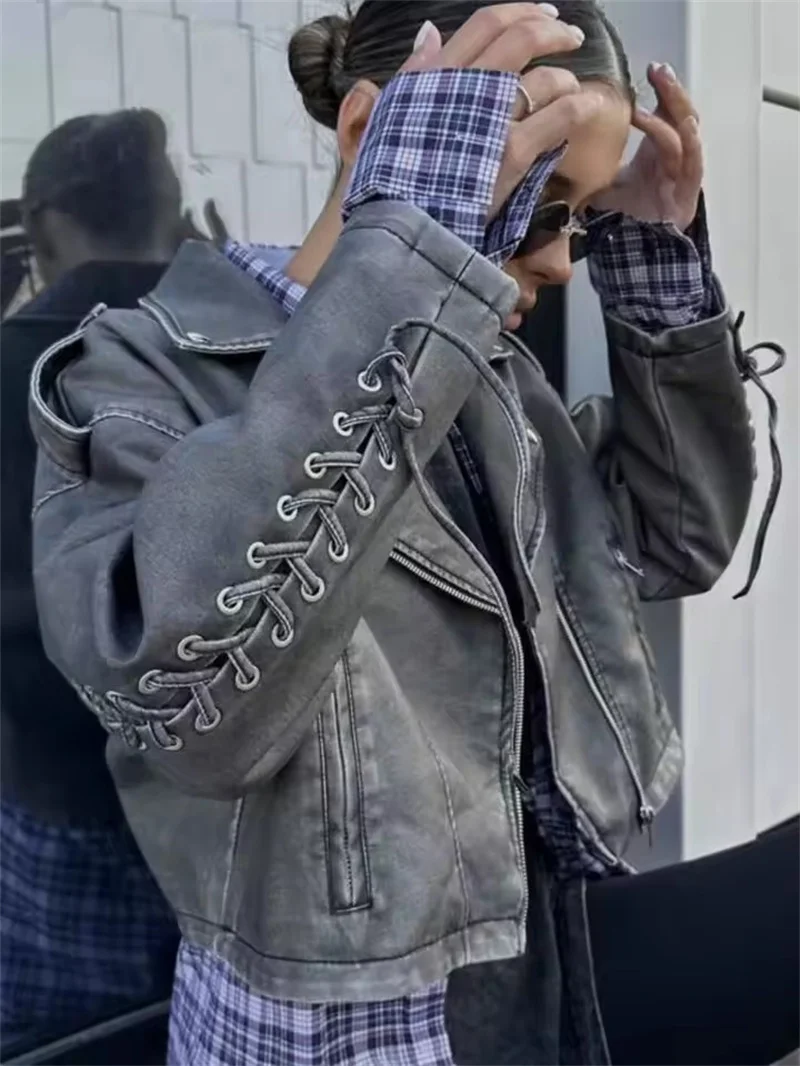 Fashion Women's Silver Moto Biker Washed Faux Leather Jackets 2025 New Female Autumn Winter Retro Loose PU Zipper Streetwear Coa