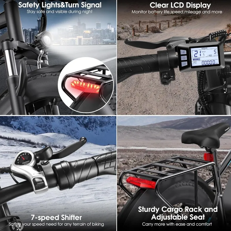 大人用電動自転車、ピーク1000W電動アシスト自転車、時速25マイル60マイル走行可能電動マウンテンバイク、26インチファットタイヤ電動自転車（48V 1個付き）