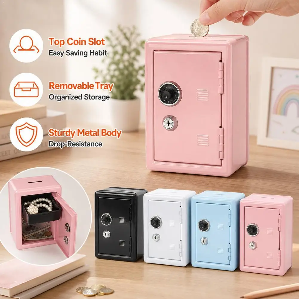 Solid Color Metal Piggy Bank Secure Cash Storage Box With Combination Lock Key Desktop Decoration Money Saving Safe Box