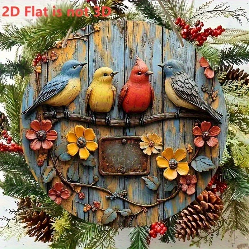 2D Flat Retro Bohemian Style Round Wall Decor/Colorful Birds And Floral Design, Blue Jay, Sparrow, Cardinal/Distressed Wood Mate