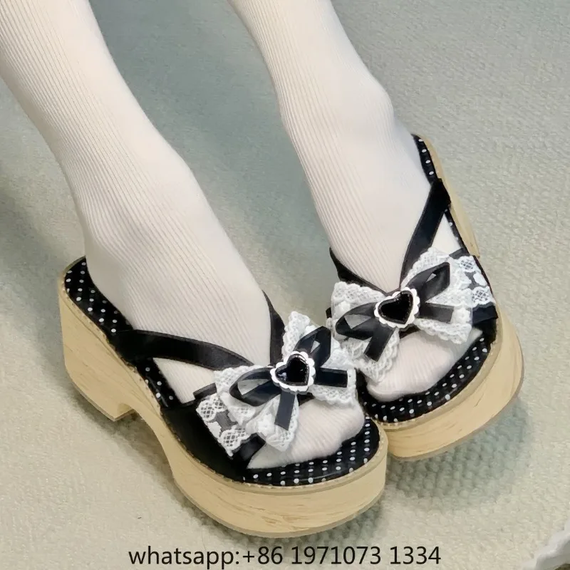 Japanese Cos Clogs Slippers Women Summer New Sweet Bow Wood Grain Thick-bottomed Comfortable Platform Shoes High-heeled Slippers