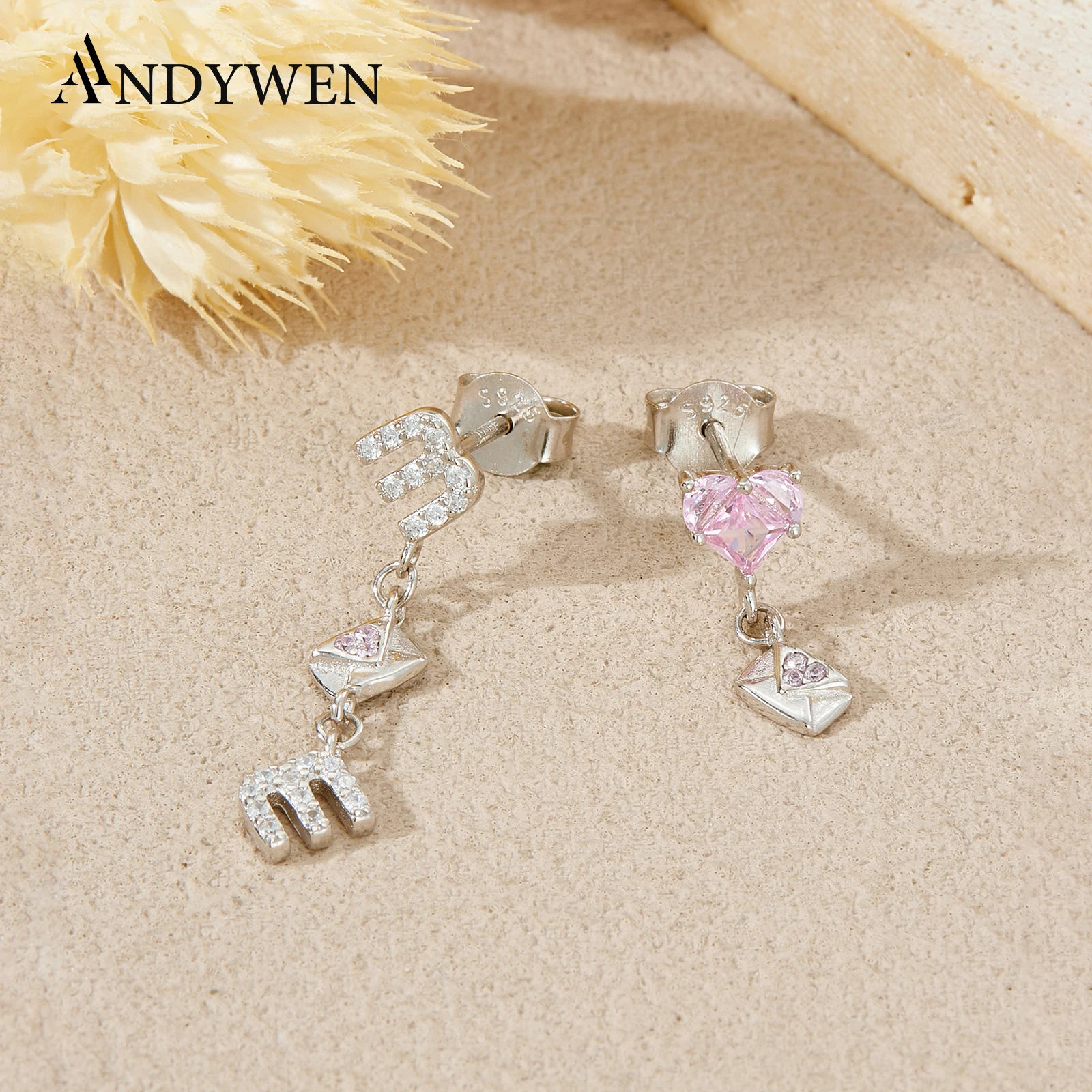 

ANDYWEN Серьги из серебра 925 пробы с любовными буквами, асимметричные ювелирные изделия с розовым и белым цирконием, романтический подарок для женщин, уникальная история любви