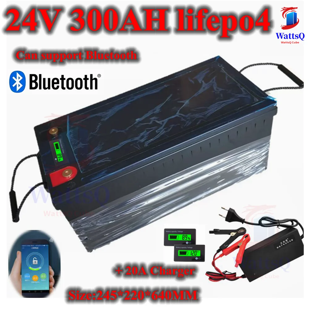 

Waterproof 24V 300AH lifepo4 lithium Battery bluetooth APP BMS for 2400W Inverter Solar Systems golf cart + 20A Charger