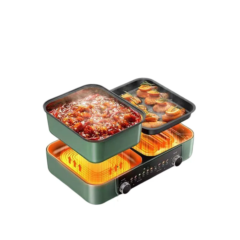 مقلاة للاستخدام المنزلي، وعاء شطف وتحميص وعاء شواء متكامل، داخلي أقل دخاني، كهربائي متعدد الوظائف