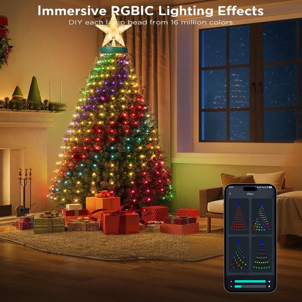 زينة ضوء النجوم لعيد الميلاد التي يتم التحكم فيها من التطبيق، وأضواء عطلات RGB الذكية المزودة بالموسيقى، وأوتار إضاءة مزخرفة مع وقت عن بعد