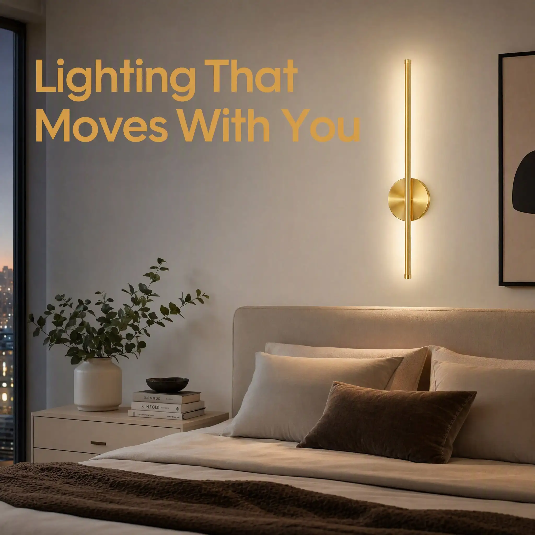 Rechargeable LED Wall Sconce with Remote Control, Battery Operated Long Strip Wall Lamp, 3 Color Temperatures Dimmable Timer, Gold Modern Wall Light for Bedroom Living Room, No Hardwired Needed
