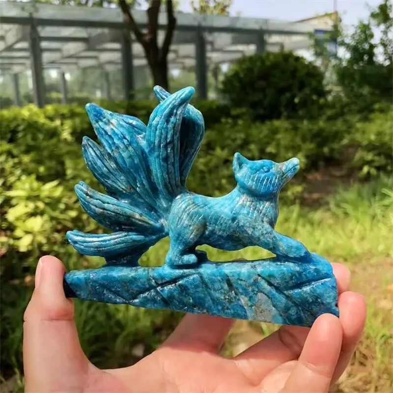 Natural Blue Apatite Nine-tailed Fox Carving Healing Gemstone Animal Figurines Reiki Stone Lucky Decoration Gift 1pcs