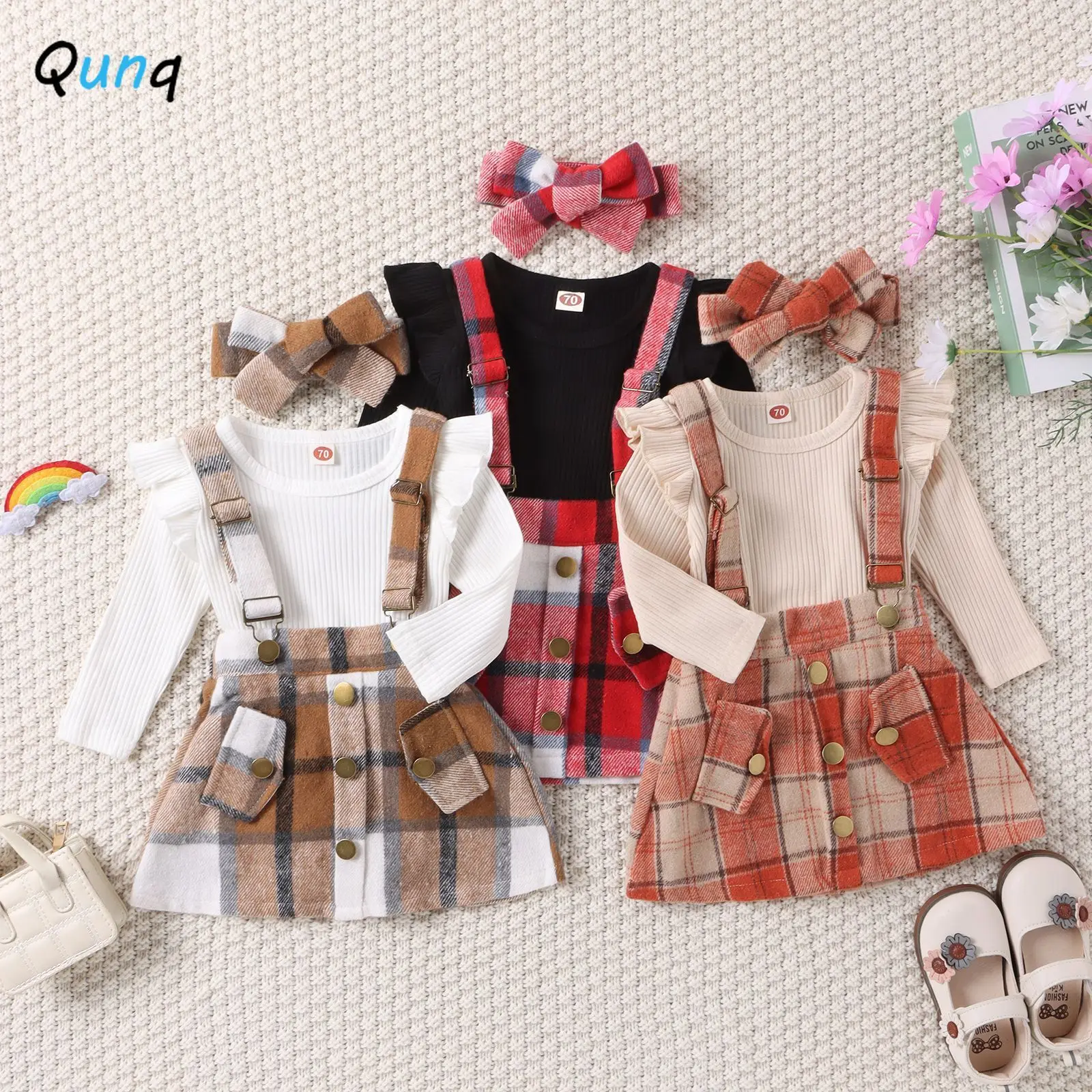 

Qunq 2023 Autumn Winter New Girls Long Sleeve Romper + Suspender Dress And Hair Band 3 Pieces Set Casual Kids Clothes Age 1T-3T