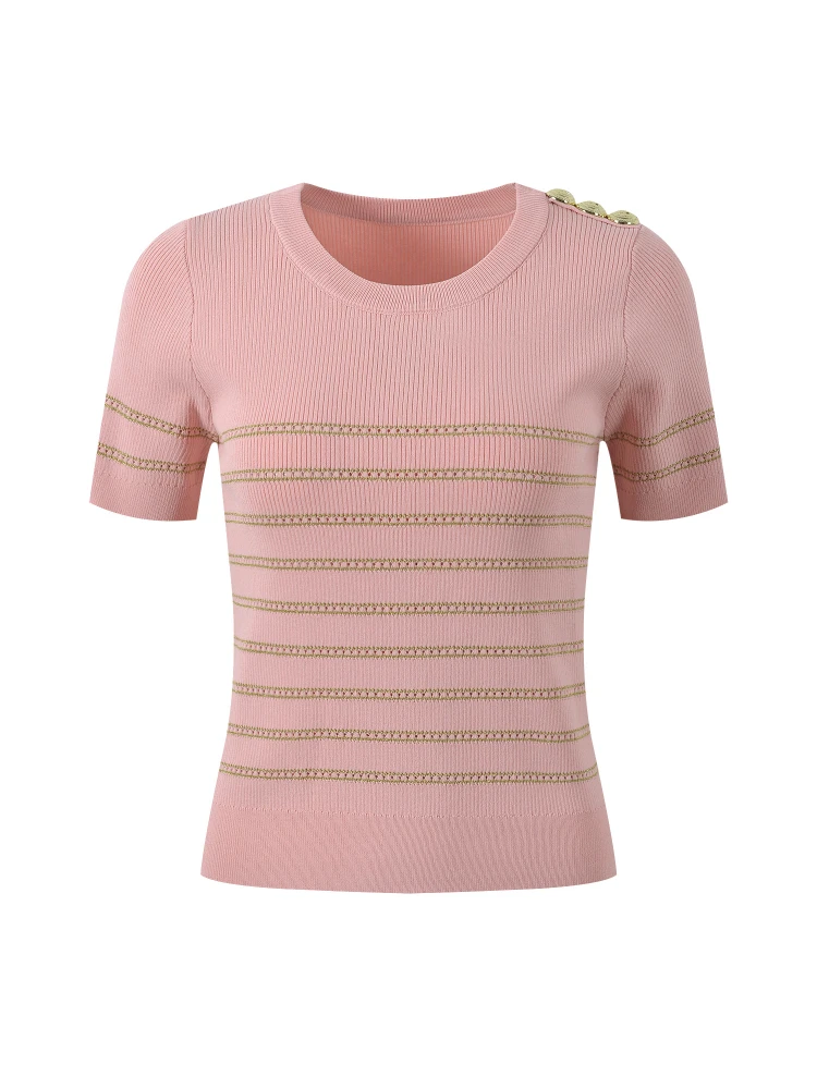 

Ele Summer ort Sve Вязаный топ Slim Fit Gold Bule Stripe Color Blo Женская модная круглая футболка-пуловер