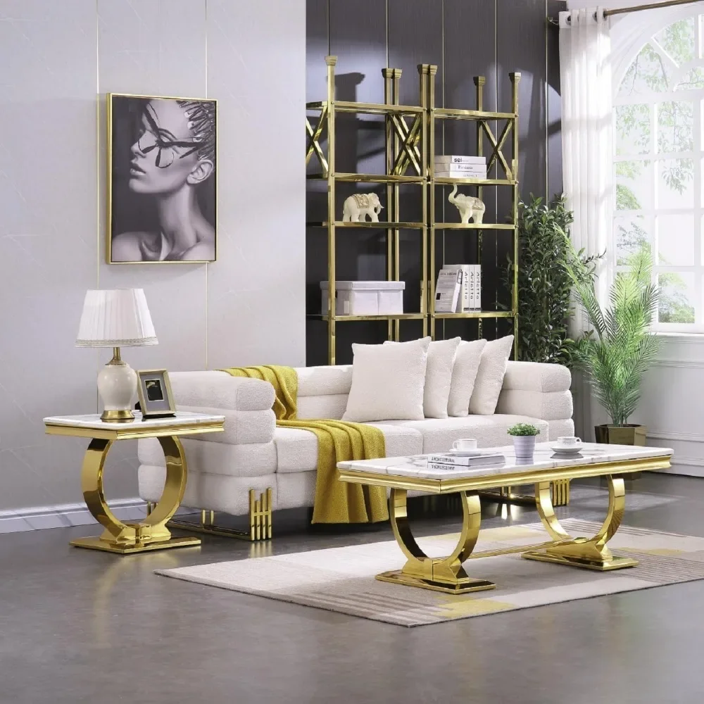 Coffee Table, White and Gold Rectangle Living Room Tea Table, Sofa Coffee Table for Living Room, Guest Hall, Reception Room