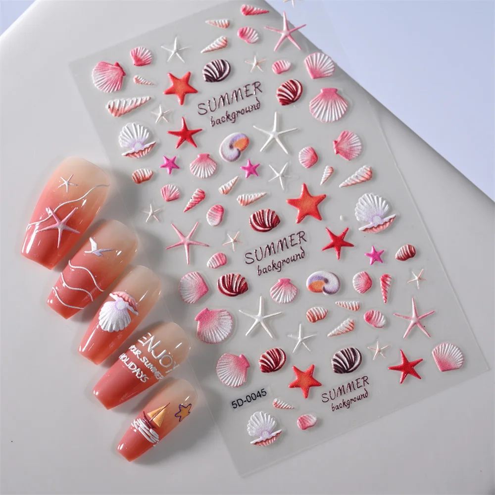 1 Sheet Sea Shell 5D Nail Decals Starfish/Shell Beach Embossed Reliefs Self-Adhesive Nail Sticker Ocean Summer Shell Nail Slider