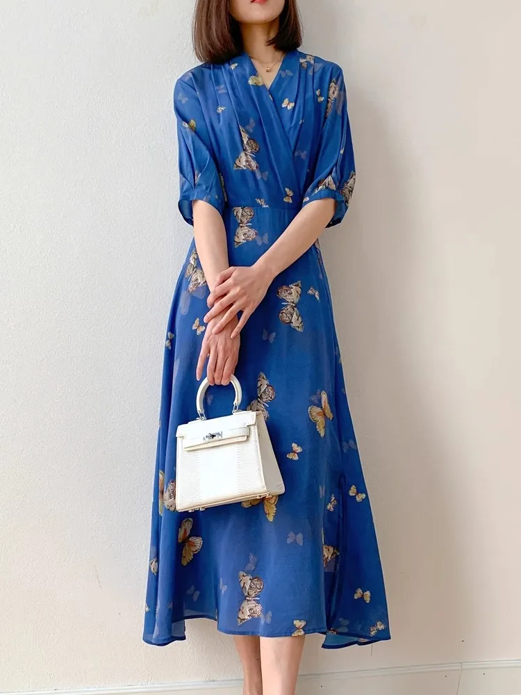 Women Silk Maxi Dress 100% Mulberry Crepe Silk Blue Butterfly Printed V Neck 2023 Fashion Mide Dress Big Hem M L XL MM746