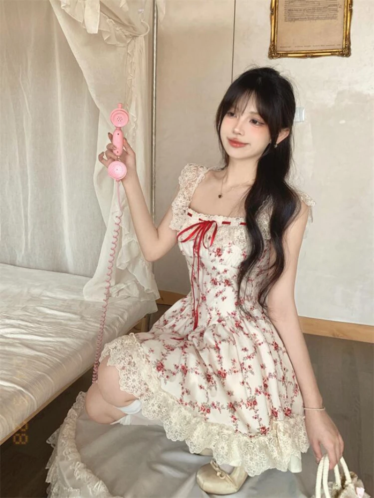 Summer Floral Lace Suit Woman Elegant Sleeveless Y2k Mini Dress + Casual Red Short Cardigan Kroean Fashion 2 Piece Dress Set