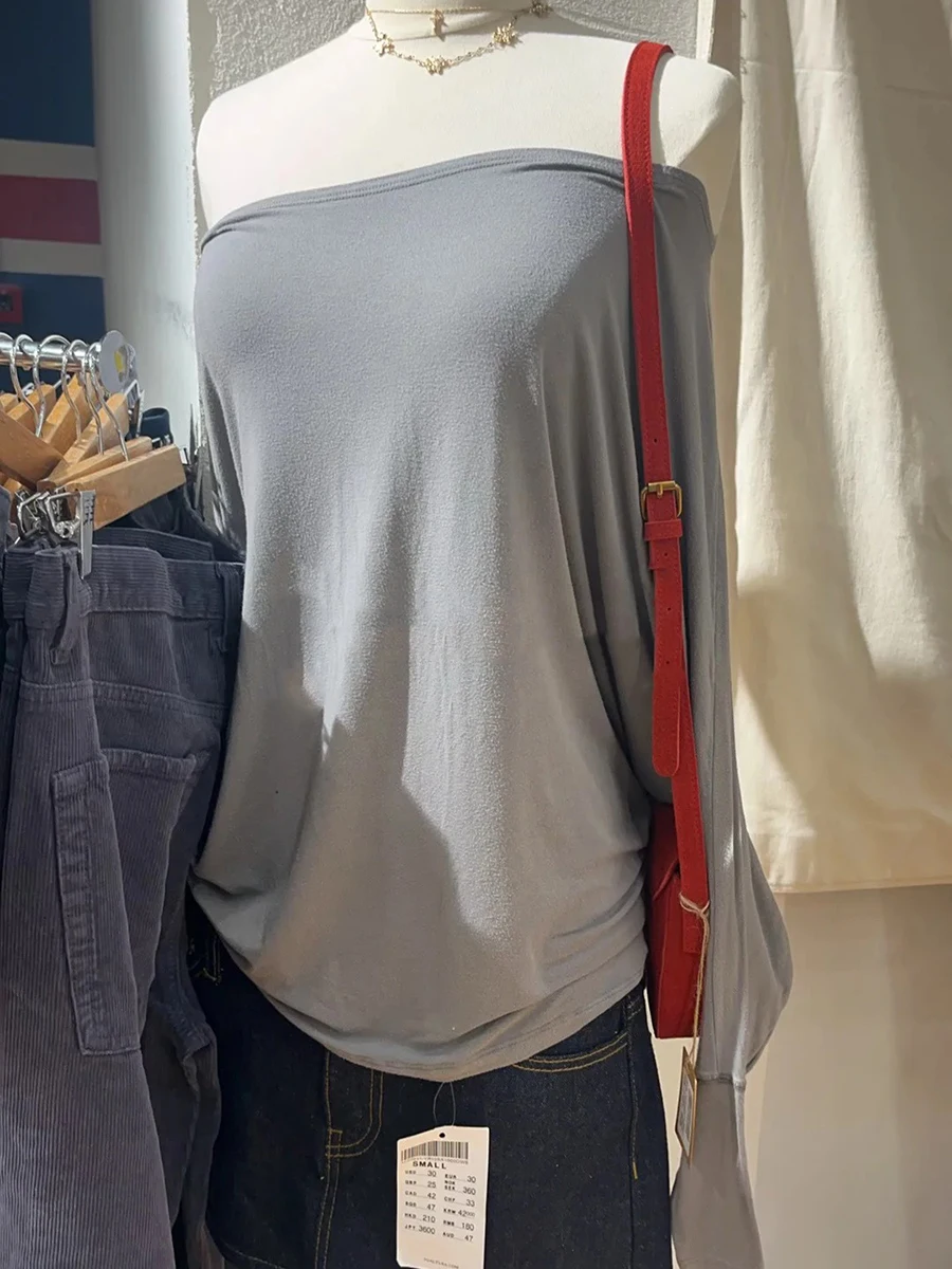Sexy Slash Neck Cotton Tee Shirts Women Streetwear Solid Long Batwing Sleeve T-shirts Sweet Simple Basic Tshirts Y2k Tops New