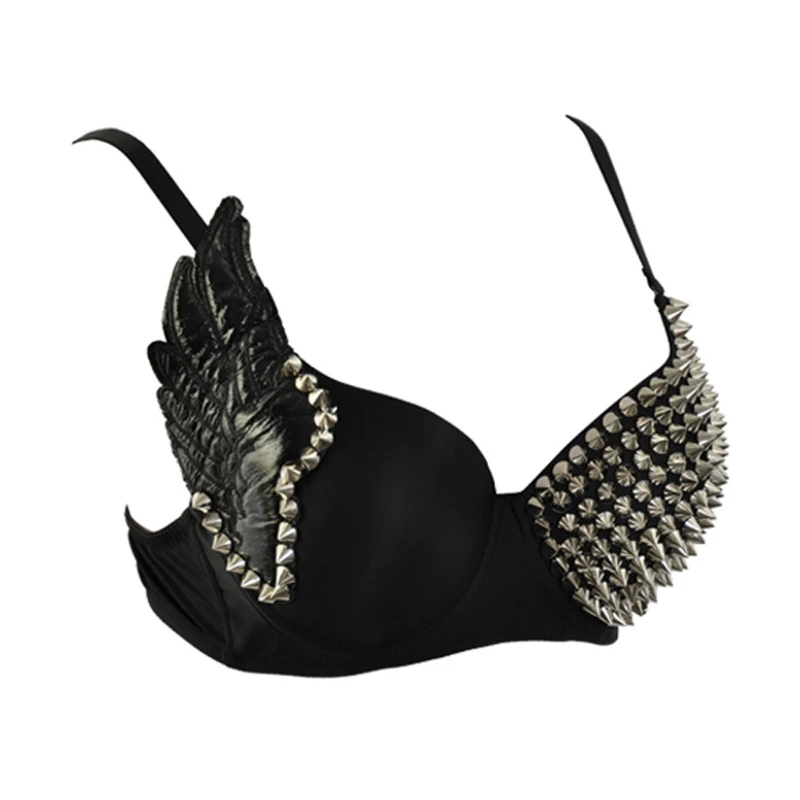 Black Versatile Spiked Bra Tops for Women Handmade Wings Sexy Punk Studded Bras Underwear