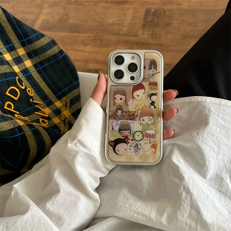 mori girl yoshitomo nara guitar doll Retro Phone case For iPhone 16 15 14 13 Pro Max Case Cute Cartoon Plating drop glue Cover