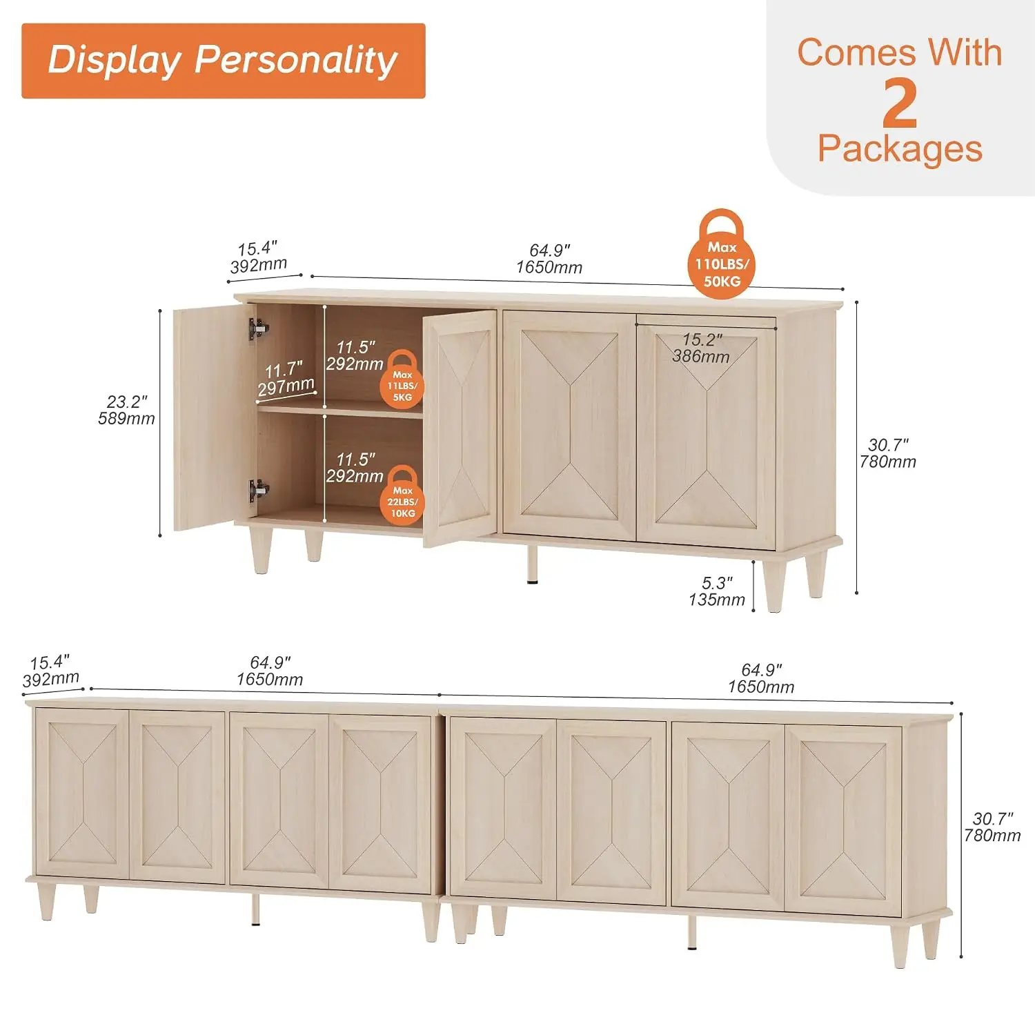 Handcrafted Patchwork Buffet Cabinet with Pop-Up Doors, 2-in-1 Farmhouse Credenza for Coffee Bar, Kitchen & Living Room, Light O