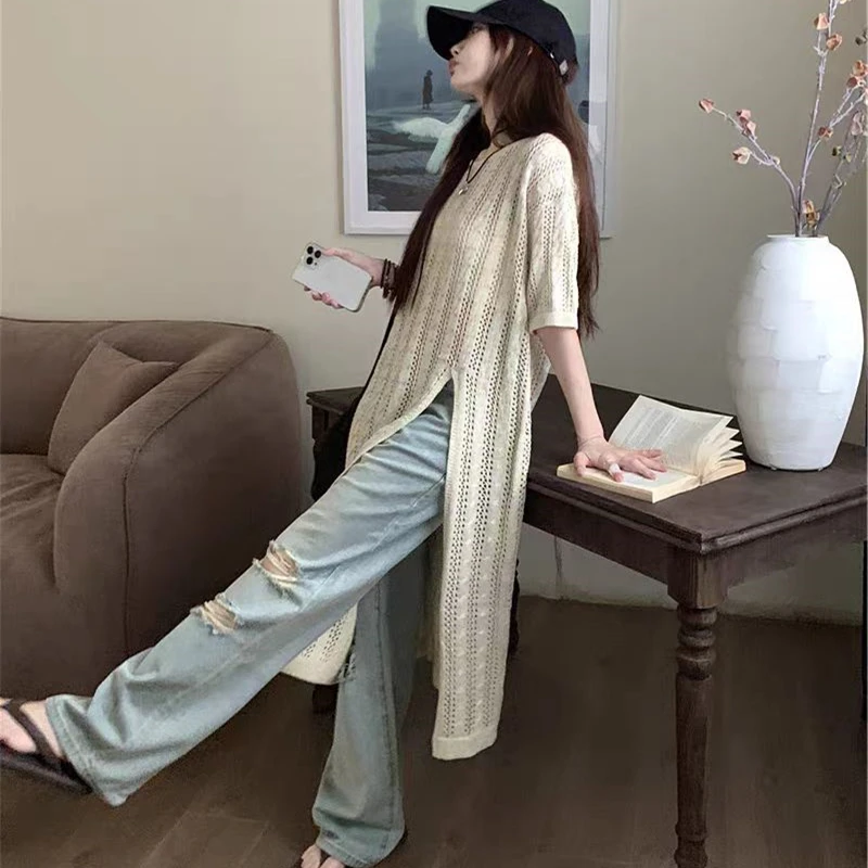 Sheer Knitted Dress Women Summer Hollow Out Slim Slit Beach Long Dress