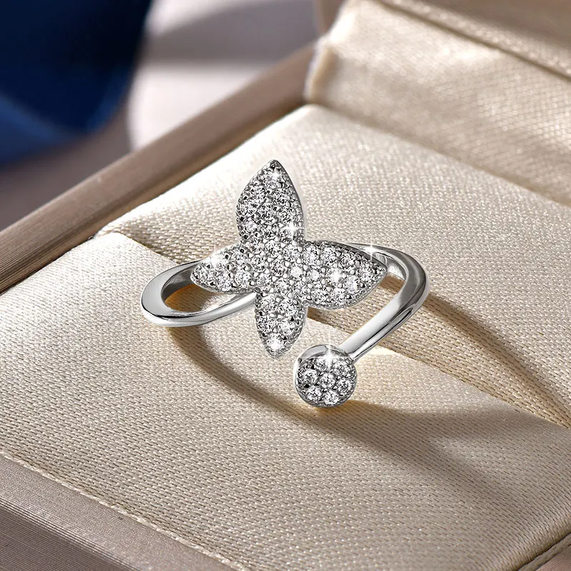 Rrjzz Butterfly Opening Cubic Zirconia Engagement for Women 14K Gold Plated Butterfly Dainty Adjustable Finger Band Ring Jewelry