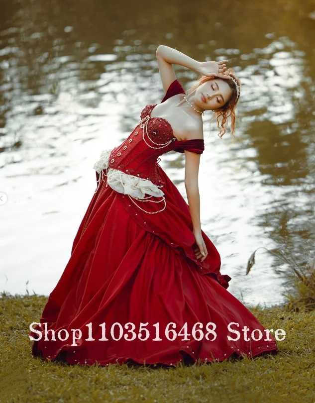 Vestidos de baile personalizados vintage vermelho espartilho banho morcego ocasião vestido babados pérola borlas vitoriano inchado bainha sem mangas baile