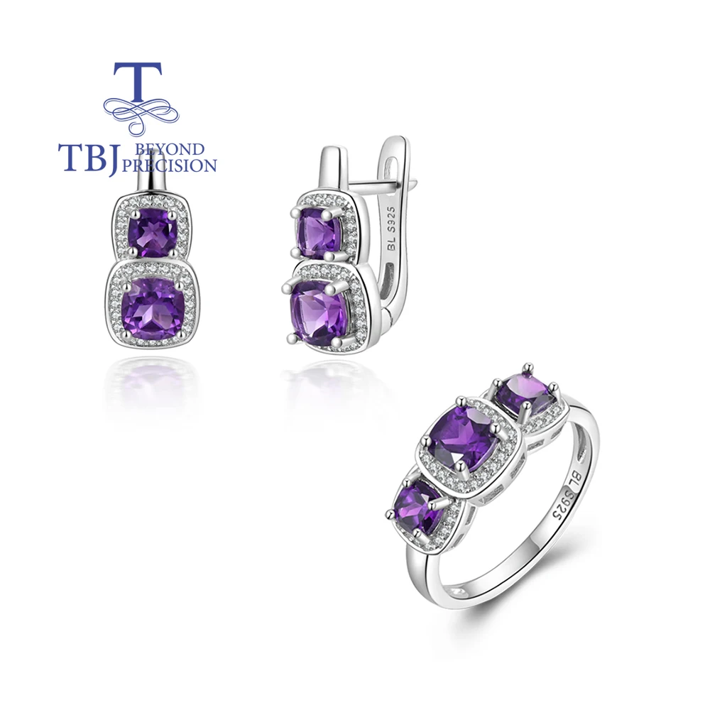 

Luxury fashion design February Birthstone Natural African Amethyst Ring Earrings set S925 silver fine jewelry for women and girl