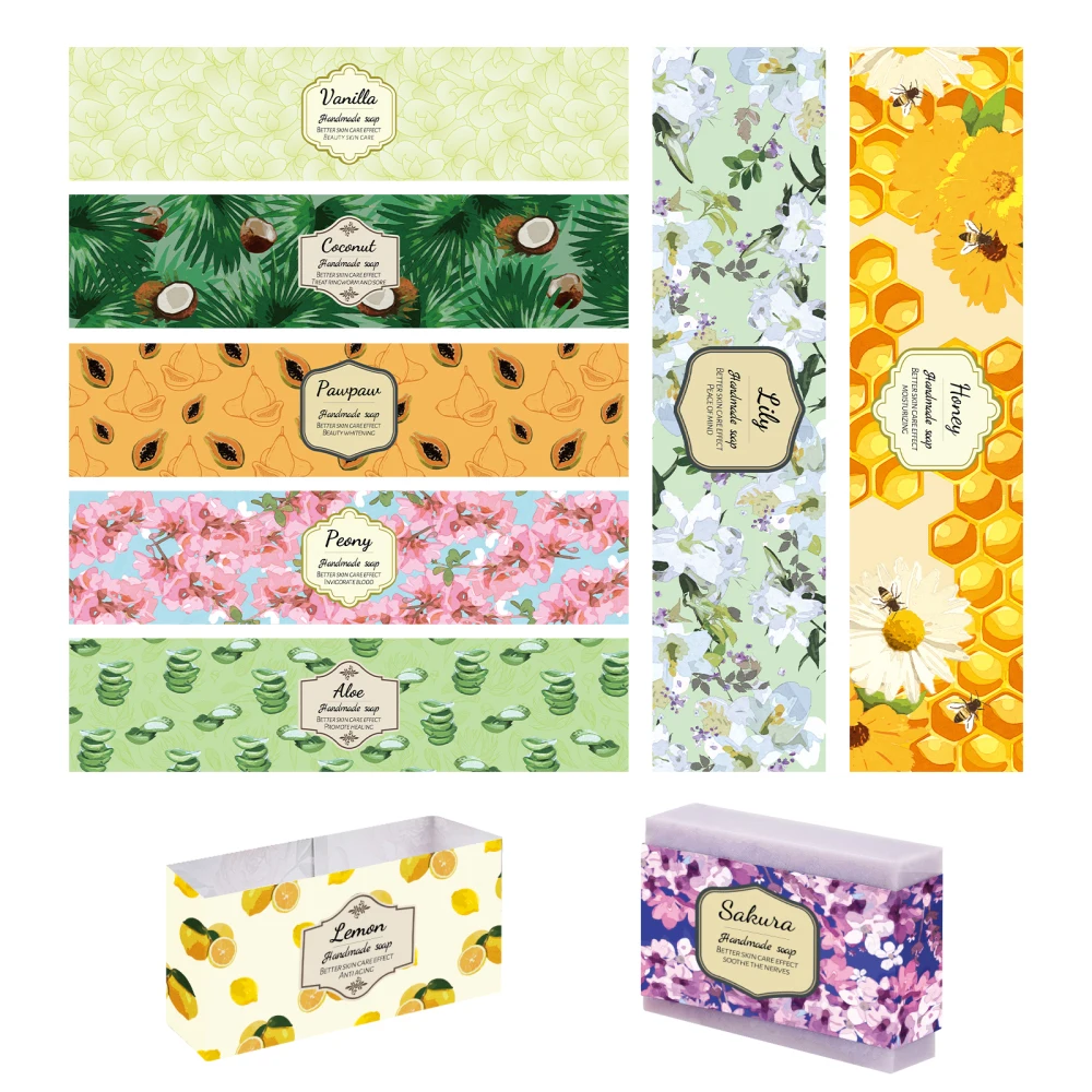 90pcs Bee Soap Packaging Paper 9 Styles Fruit Flower Plant Soap Wrapper Soap Wrap Paper Tape Vertical Soap Paper Tag Soap Sleeve