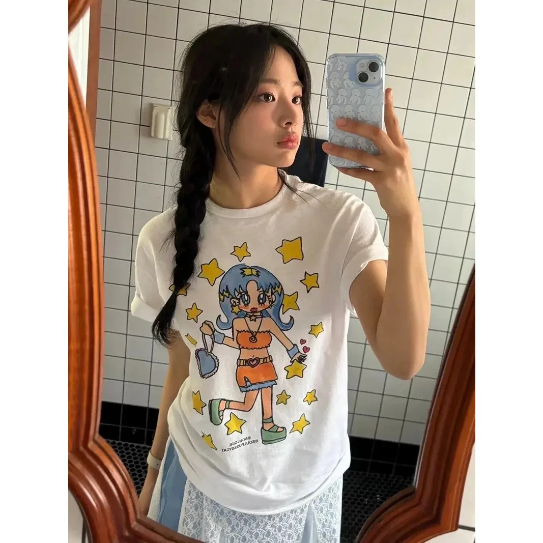 NewJeans Minji été décontracté à manches courtes t-shirt femmes col rond hauts confortable respirant tenue décontracté t-shirt