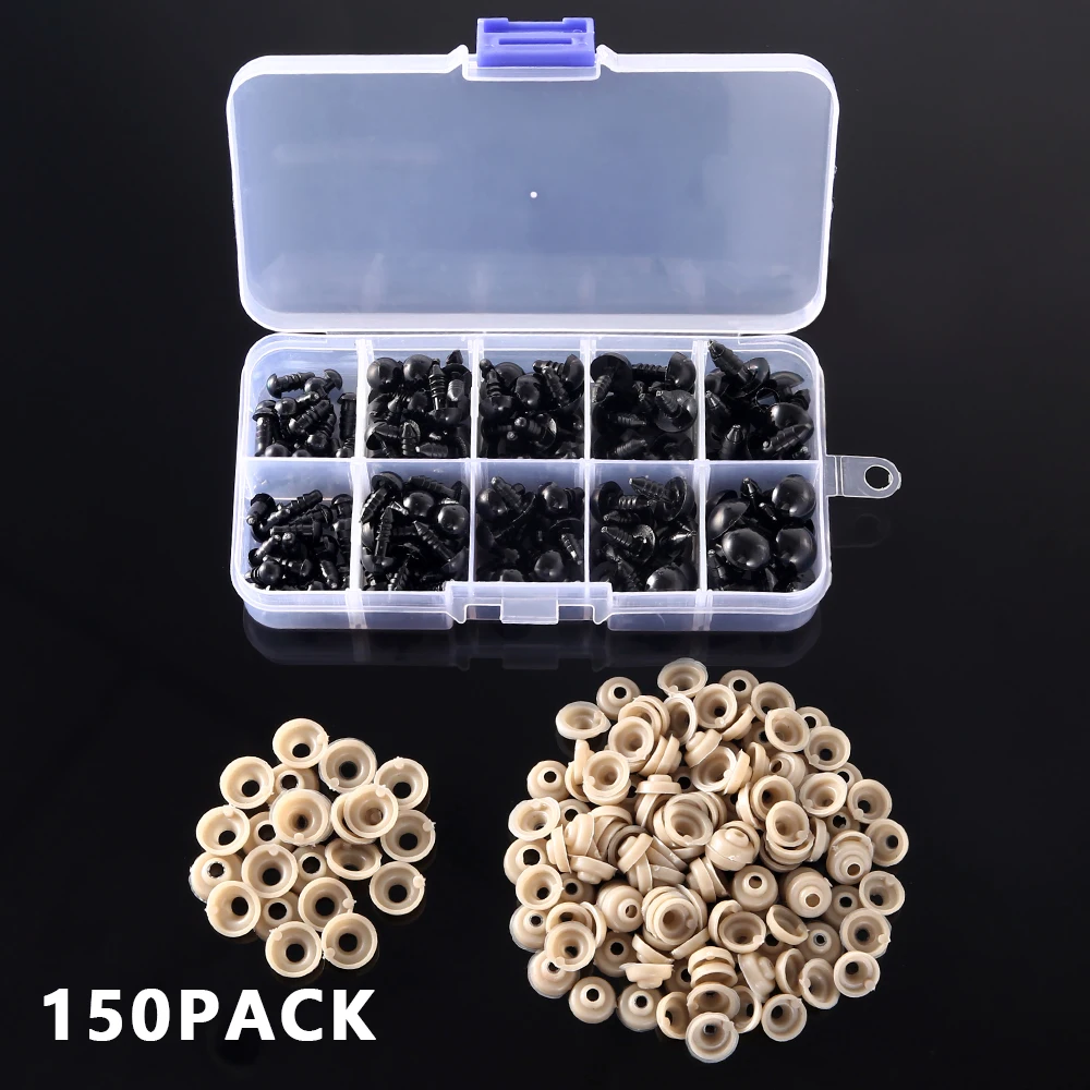 150pcs DIY Doll Safety Eyes 6-12mm Black Plastic Crafts Eyes for Bear Toy Kids DIY Craft Stuffed Animal Doll Accessories