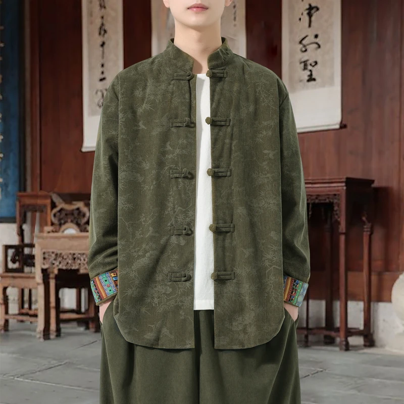 

2026 Spring Autumn Men's Chinese Style Corduroy Jacket with Frog Buttons & Mandarin Collar – Vintage Ethnic Windbreaker Tops Man