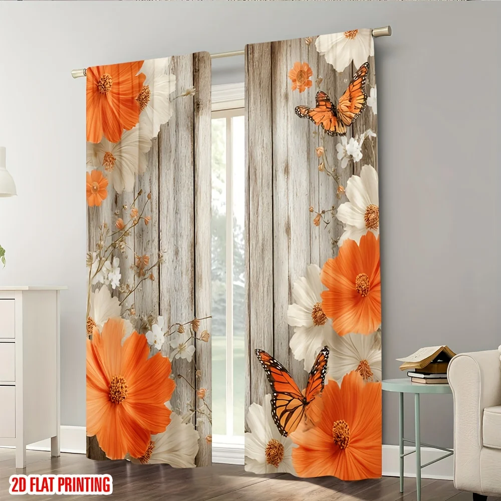 Boho Rustic Wood Grain Floral Popcorn Butterfly Curtains 2D Printing Window Drapes for Living Room Bedroom Home Decoration Panel