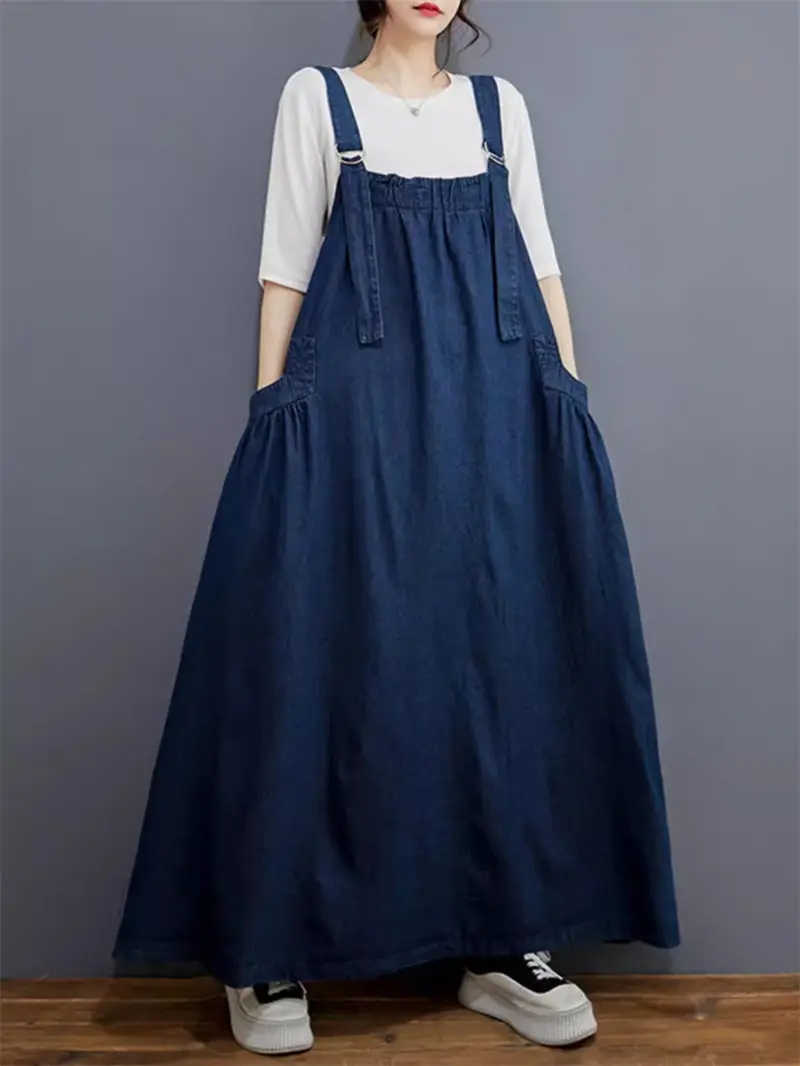 

Korean Version Loose Fashionable Washed Denim Overall Dress Large Size A-Line Retro Sleeveless Jeans Dresses For Ladies K087