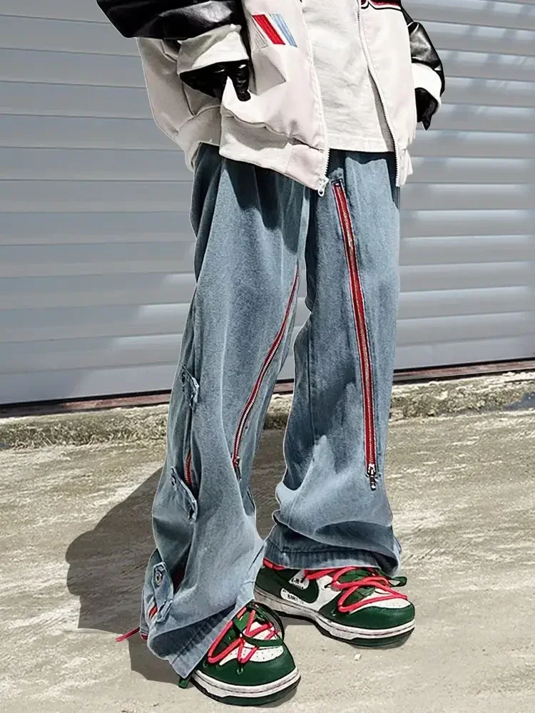 American Goods Harajuku Casual Loose Punk Rock Straight Wide-Leg Pants Street Y2K Cargo Pants Retro Street Zipper Split Jeans