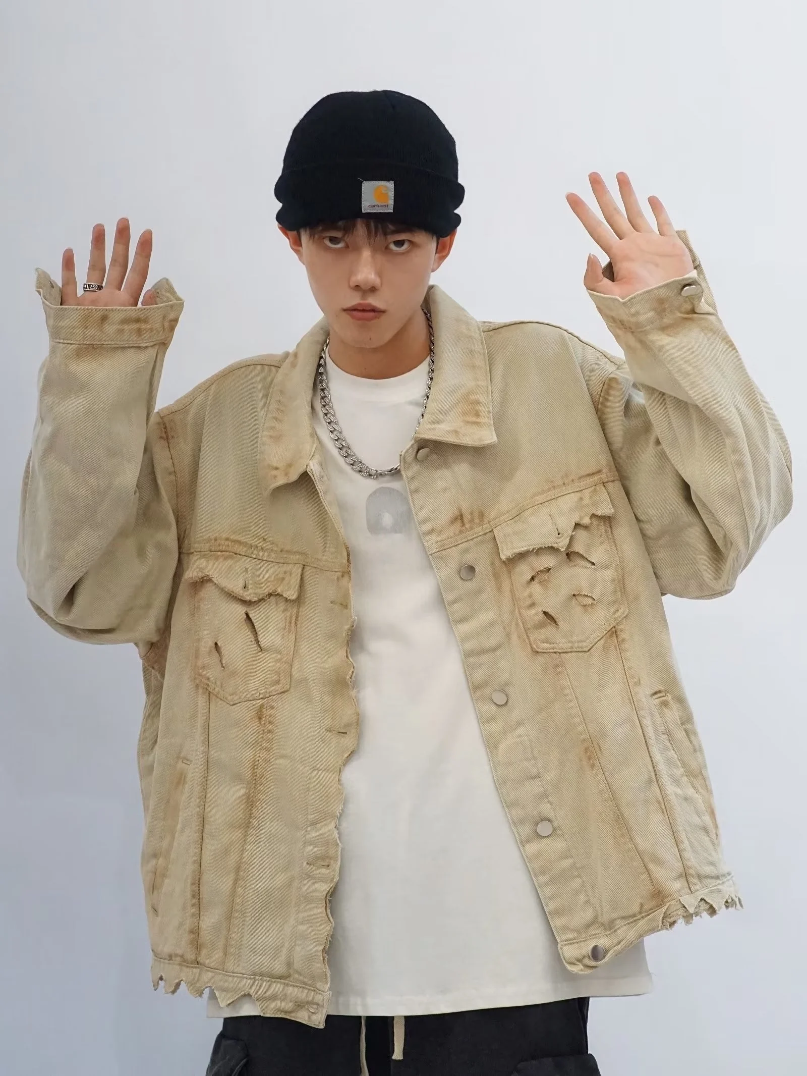 

Джинсовая куртка свободного кроя в стиле ретро с эффектом потертости, весенне-осенняя повседневная верхняя одежда из хлопка с длинными рукавами, классическим воротником и одной пуговицей