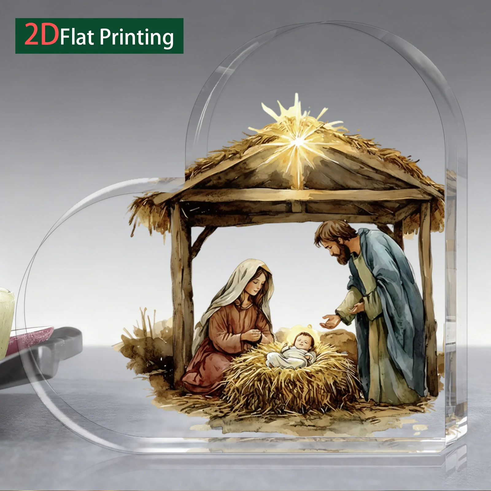 Acrylic Base Jesus Figurine, Heart-Shaped Nativity Scene Set, Religious Christmas Manger Decor, Battery-Free Tabletop Ornament