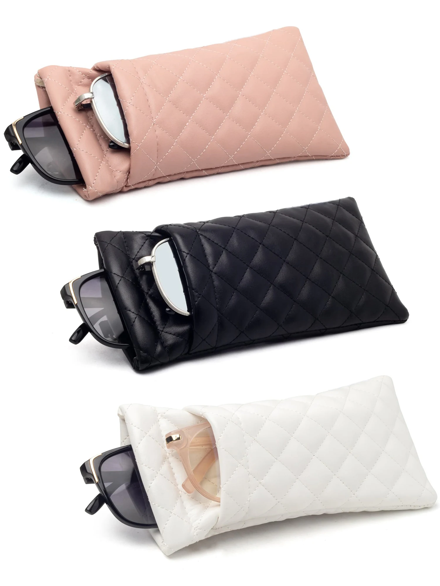 1 Stück Weiches PU-Doppel-Brillenetui Tragbares Squeeze-Top-Leder-Brillenetui Minimalistisches Argyle Anti-Kratz-Brillenaufbewahrungsetui