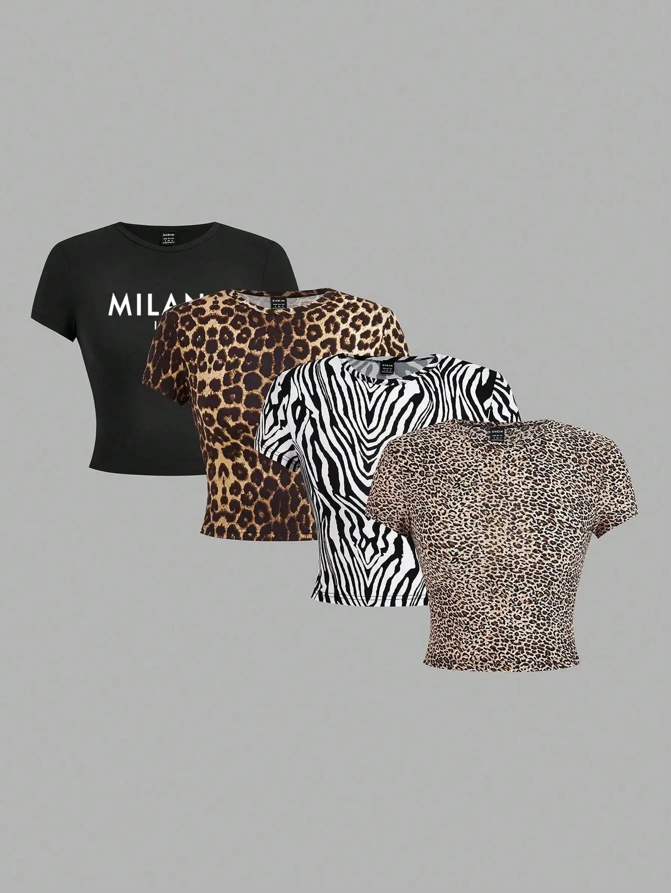 

4-Pack Women's Leopard & Zebra Print Milano Crop Tees, Short Sleeve Fitted T-Shirts for Summer Outfits