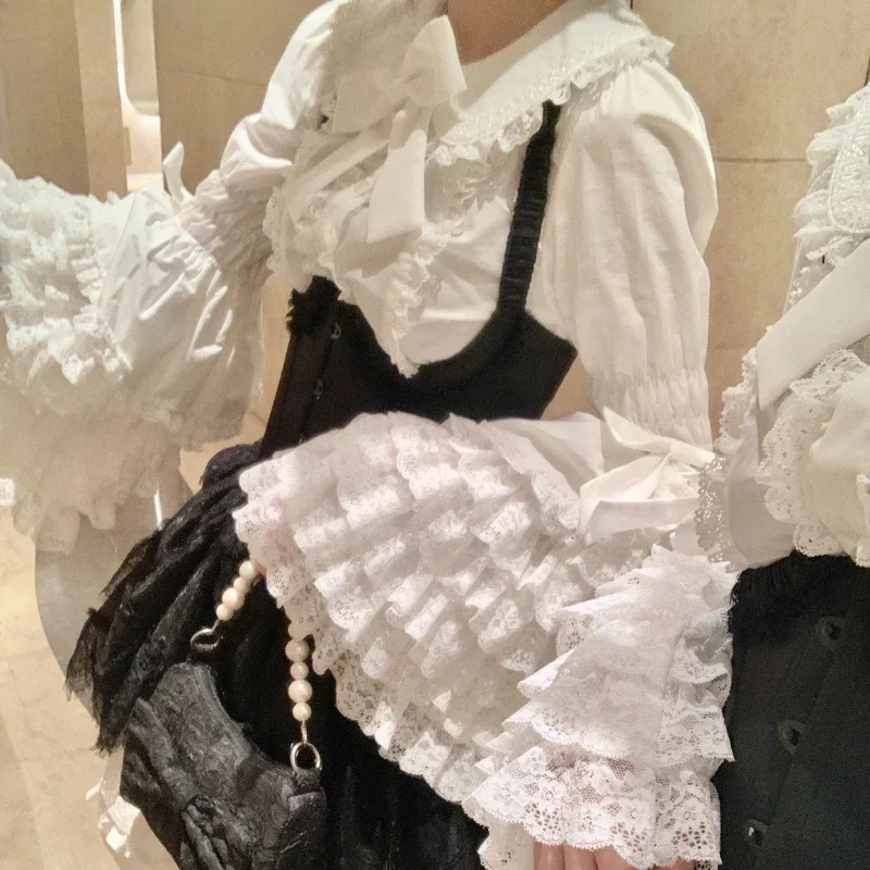 

Vintage Lolita Style Shirts Women Gothic Y2k Bow Lace Ruffle Flare Long Sleeve Blouse Japanese Sweet Elegant Cute Tops