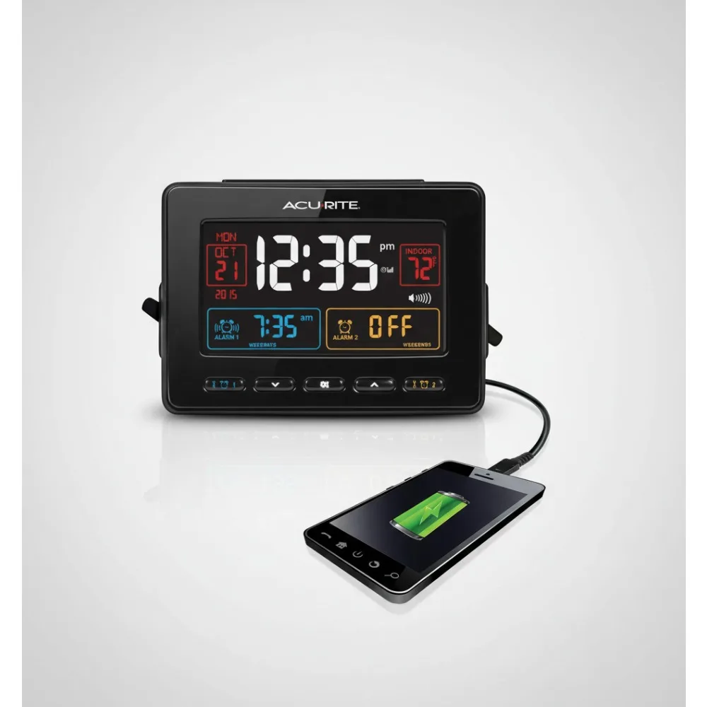

Atomic Dual Alarm Clock with USB Charging, Temperature Display, Battery Backup for Home & Office Use