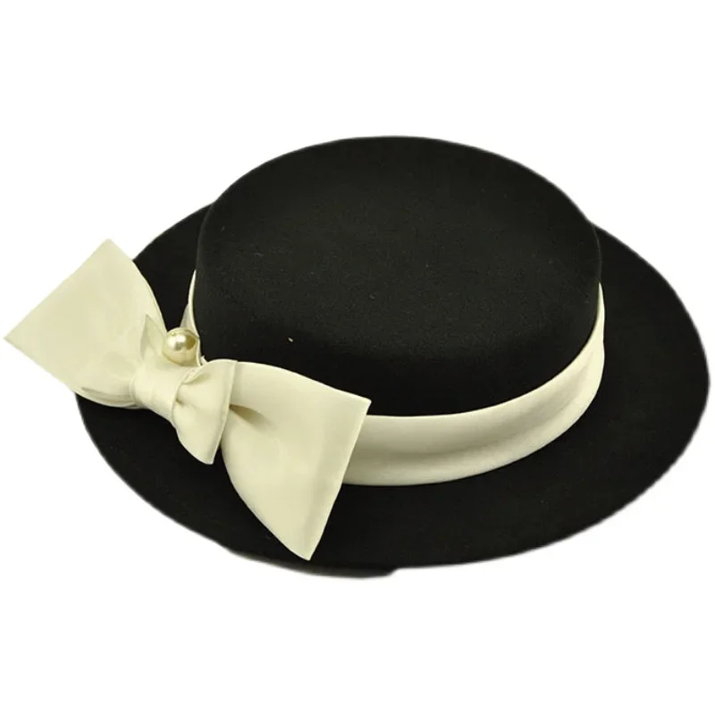 

White Black Classic Formal Fedora Hat Woolen Blend Bow Pearl Wedding Hat for Bride Vintage Cocktail Party Banquet Hat Headpieces