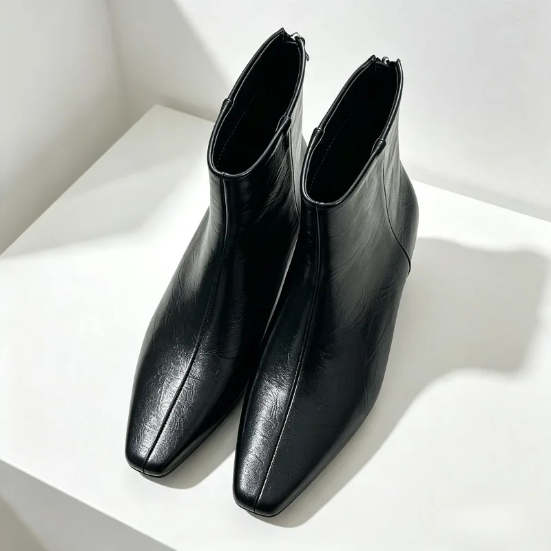 Fashion Soft PU Patent Leather Ankle Boots Women Sexy Pointed Toe Back Zipper Wedge Boots Luxury Designer Shoes Zapatos De Mujer