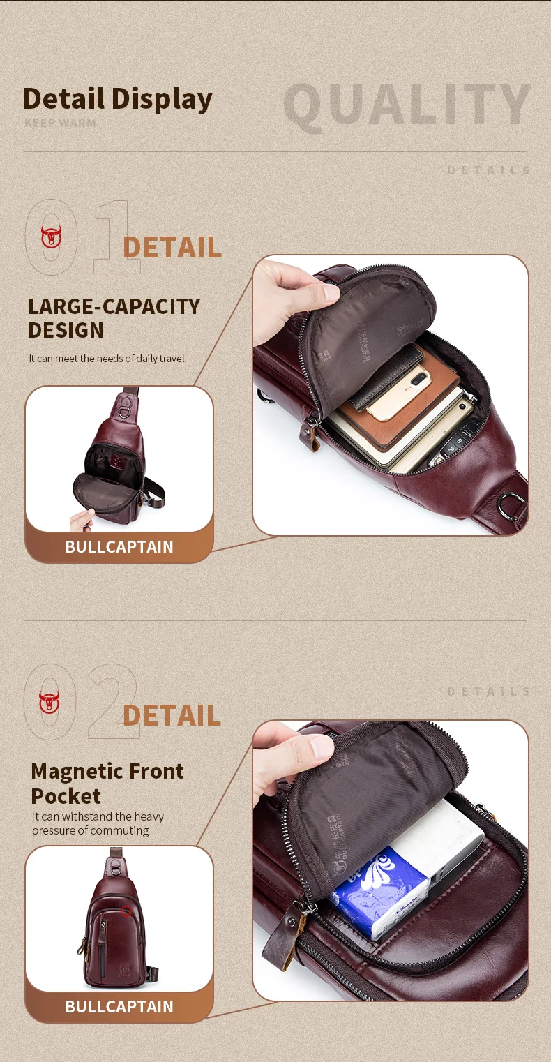 BULLCAPTAIN Brusttasche aus echtem Leder, große Kapazität, lässige Umhängetasche, multifunktionale Umhängetasche aus Leder der ersten Schicht – Detail 10