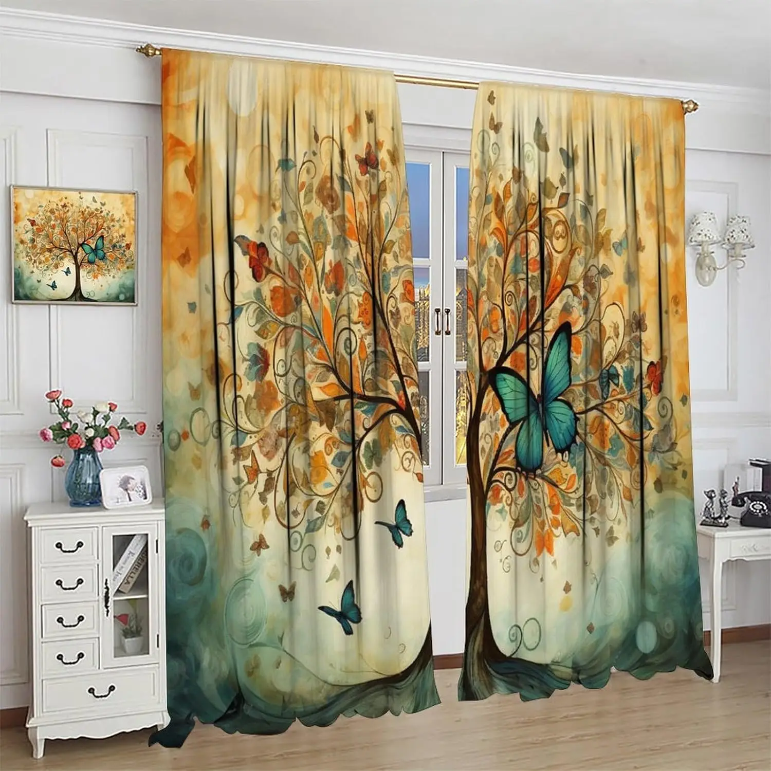 

Tree of Life Window Curtains, Colorful Butterfly Curtain Tiers for Kids Girls Boys,Bohemian Style Window Treatments Drapes for