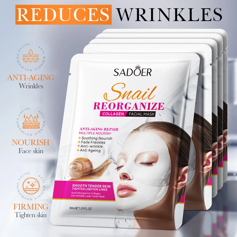 5/10PCS SADOER Snail Restructured Collagen Mask, Moisturizing Mask, With Anti-Wrinkle, Firming, Whitening and Hydrating Effects